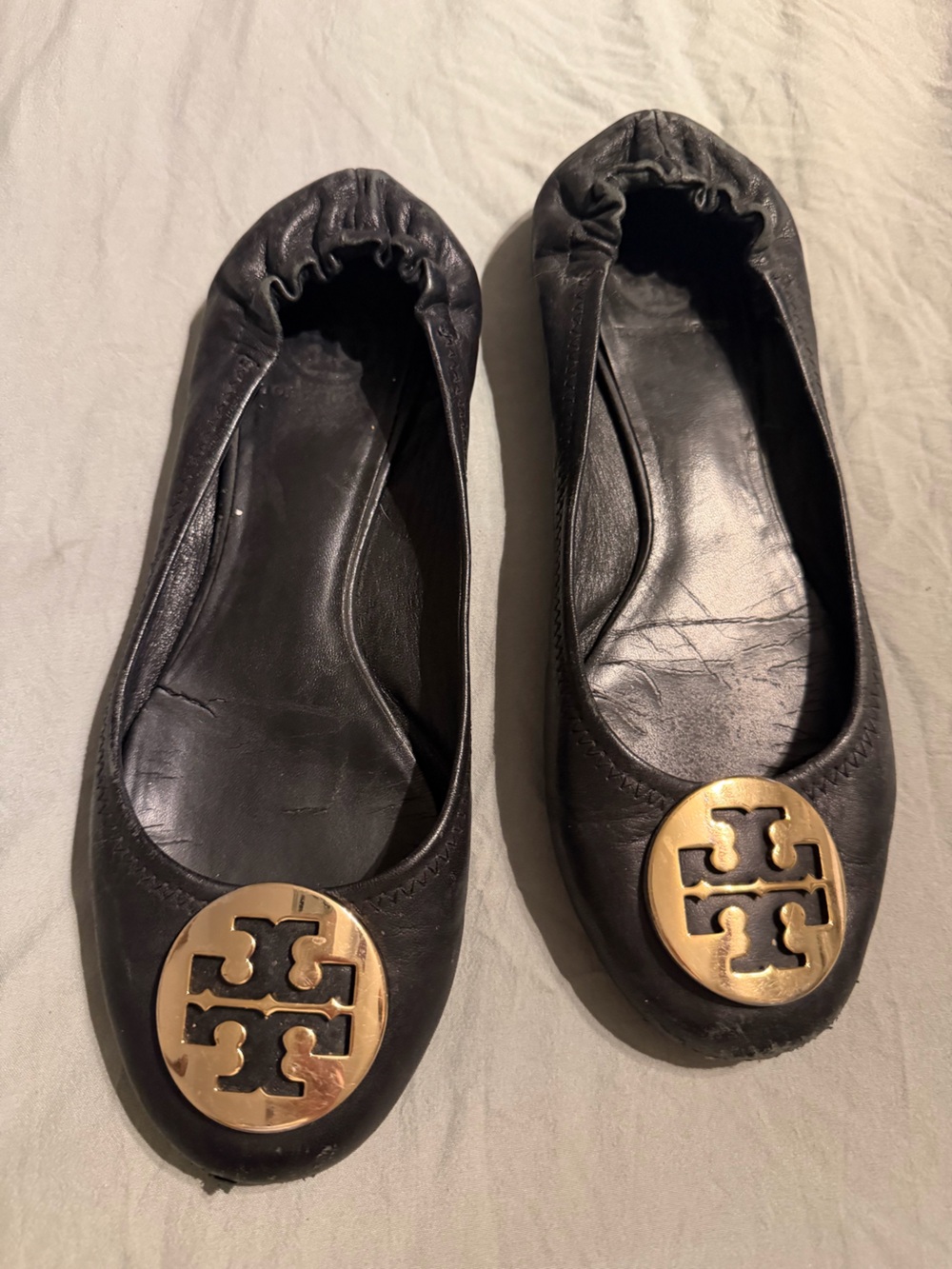 Used Tory Burch Black Leather Flats with Gold Logo Medallion